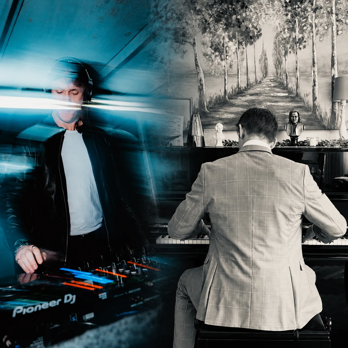 Joe Bailey at the DJ decks on the left, blending into Joe seated at the piano on the right.